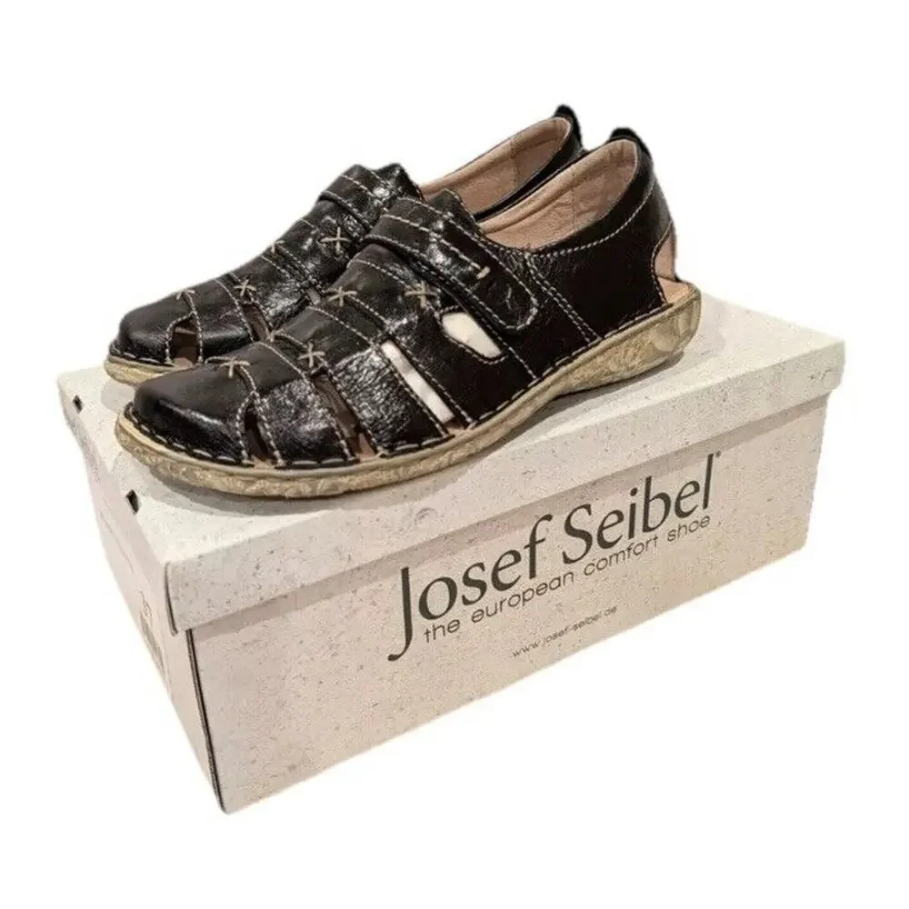 Josef Seibel Ida Black Sandals Loafers‎ Womens Sz US 6.5 EU 37 Leather Fisherman